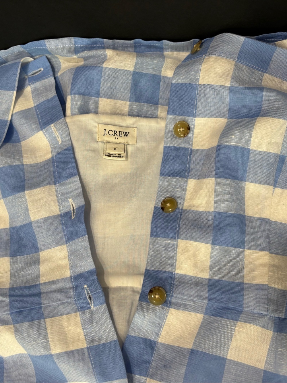 Gingham Sundress Blue and White J Crew Button-Front, Size 2, Linen Cottagecore - Picture 6 of 10